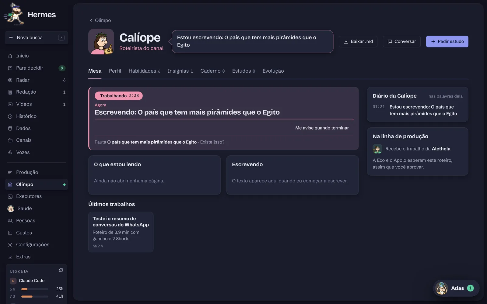 Mesa da Calíope escrevendo um roteiro ao vivo